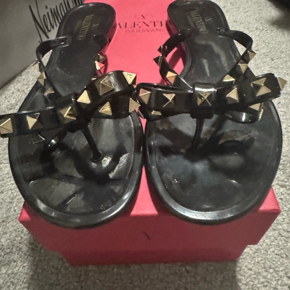 Valentino Black and Gold Rockstud Sandals